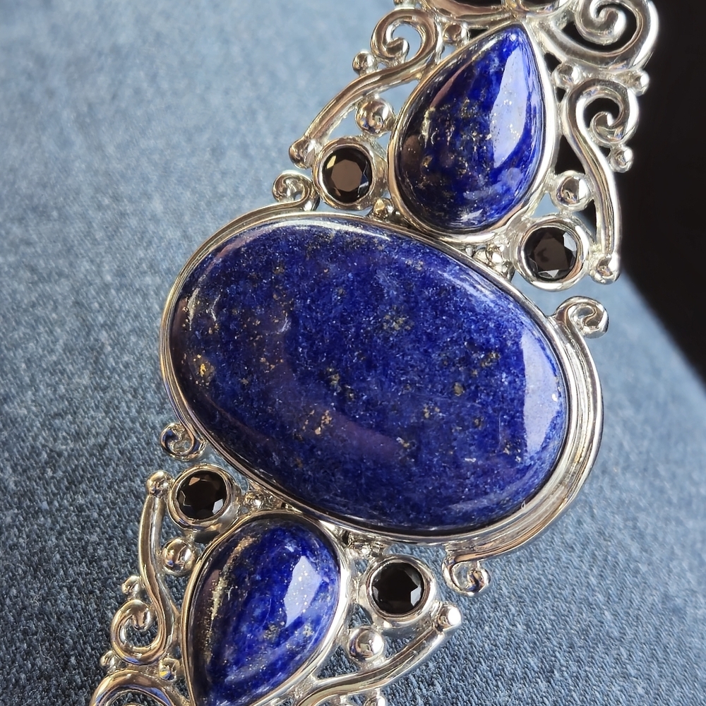 925 Sterling Silver Lapis Lazuli & Onyx Designer Signed NF Toggle Bracelet NWOT